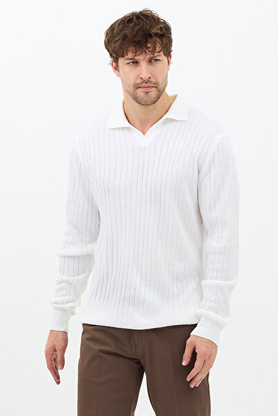 COOL TARZ Men's White Polo Neck Ribbed Knitwear Sweater