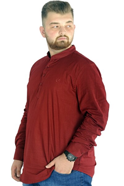 ModeXL Men's Linen Lycra Shirt - Plus Size, High Collar, Claret Red 20388