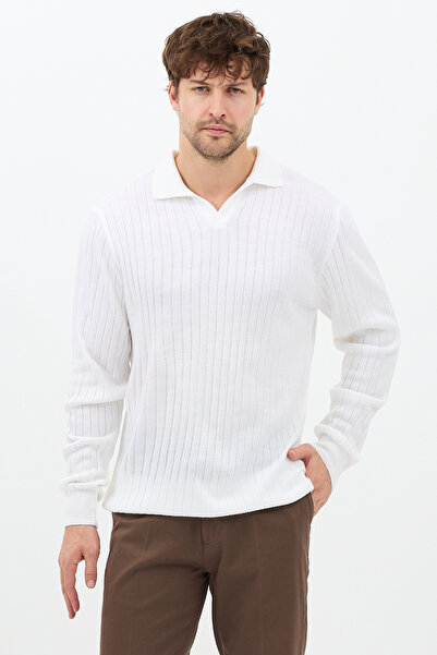 COOL TARZ Men's White Polo Neck Ribbed Knitwear Sweater