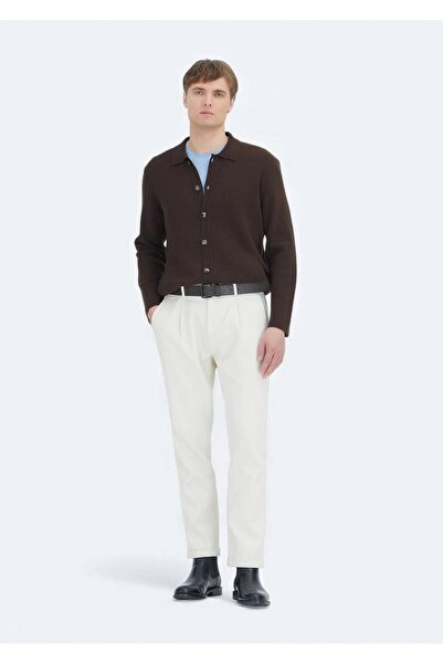 Ramsey Brown Polo Neck Plain Knit Wool Blend Cardigan