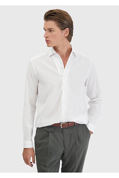 Ramsey Beyaz Düz Casual Fit Dokuma Casual %100 Pamuk Gömlek