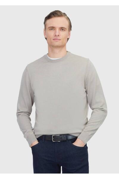 Ramsey Beige Crew Neck Plain Knit Wool Blended Sweater