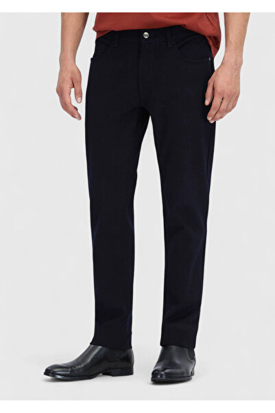 Ramsey Navy Blue Plain Woven Slim Fit Casual Cotton Blended Trousers
