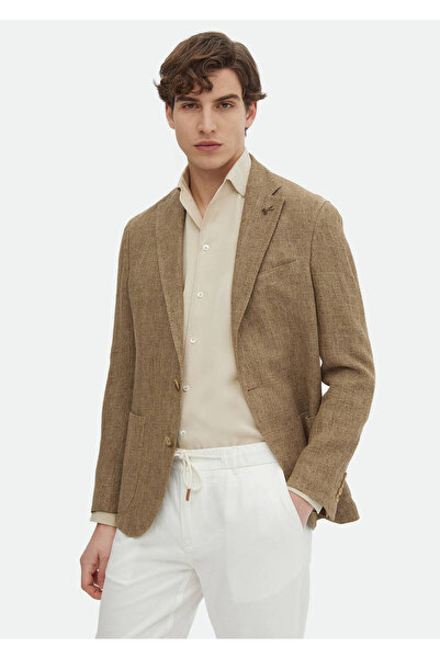 Ramsey 100% Linen Slim Fit Mink Patterned Shirt Jacket