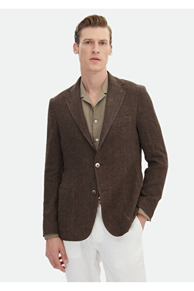 Ramsey Brown Patterned Shirt Shoulder Slim Fit 100% Linen Jacket