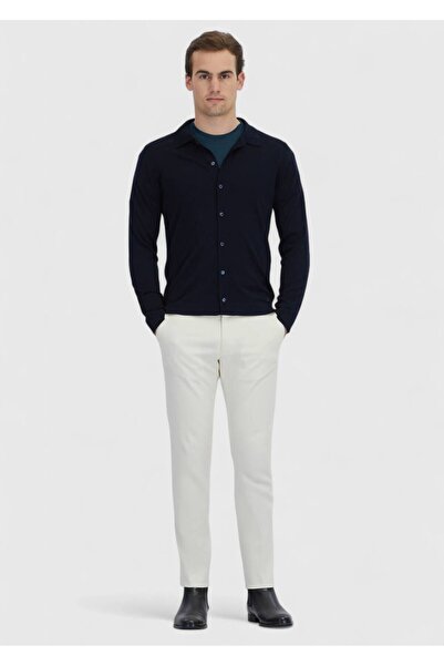 Ramsey Navy Blue Polo Neck Plain Knit Wool Blend Cardigan