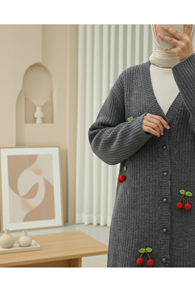 Modamorfo Cardigan tricotat cu nasturi cu mărgele de cireș - afumat