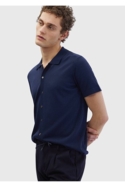 Ramsey Navy Blue Polo Collar Plain Knitted Cardigan