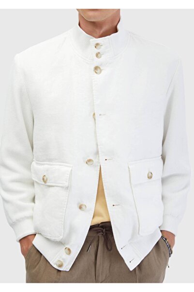 Ramsey White Regular Fit Stand Collar Casual Woven Coat