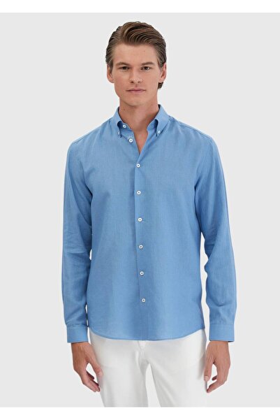 Ramsey Μπλε ίσιο πουκάμισο Casual Fit Woven Casual Cotton Blend