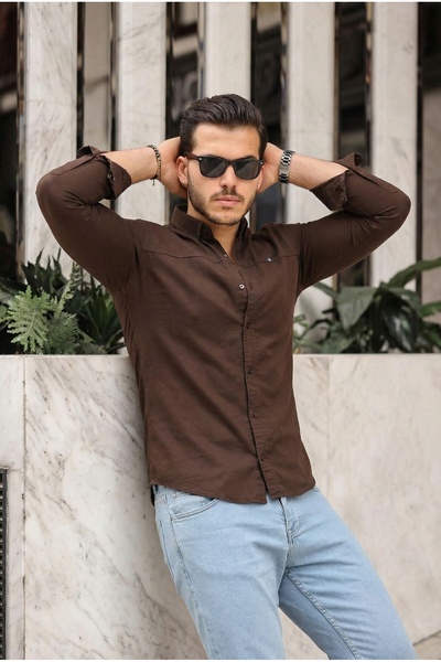 comstar Men's Basic Plain Slim Fit Long Sleeve Coffee Denim Shirt