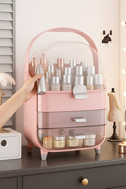 MAKRİ HOME Şeffaf Kırılmaz Kapaklı Makyaj ve Takı Organizeri, Çekmeceli, Pembe, 19×27×36 cm