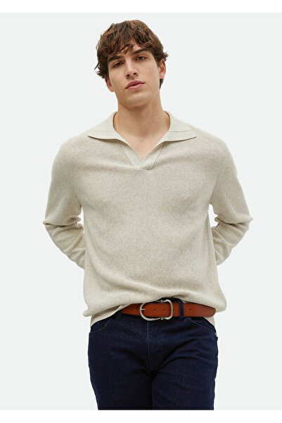 Ramsey Beige Linen Blended Polo Collar Jacquard Knitwear