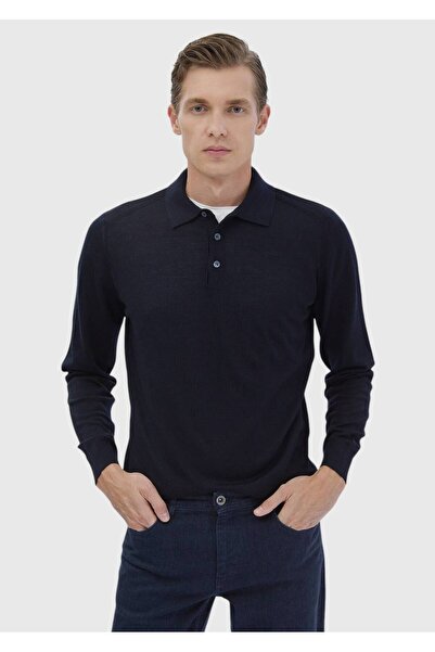 Ramsey Pulover tricot din amestec de lână cu guler polo bleumarin