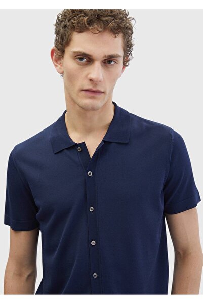 Ramsey Navy Blue Polo Collar Plain Knitted Cardigan