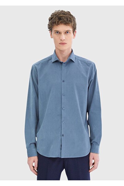 Ramsey Μπλε ίσιο πουκάμισο Casual Fit Woven Velvet Casual 100% βαμβάκι