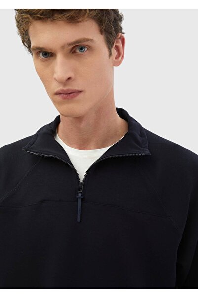 Ramsey Navy Blue Stand Collar Plain Sweatshirt