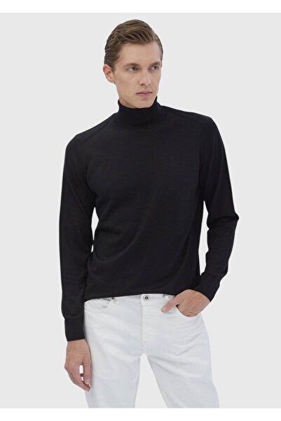 Ramsey Black Full Turtleneck Plain Knit Wool Blended Sweater Sweater
