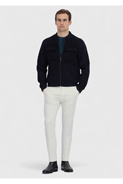 Ramsey Navy Blue Regular Fit Stand Collar Casual Woven Coat