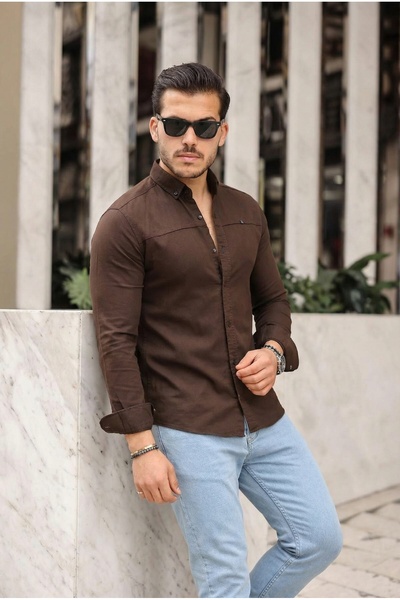 comstar Men's Basic Plain Slim Fit Long Sleeve Coffee Denim Shirt