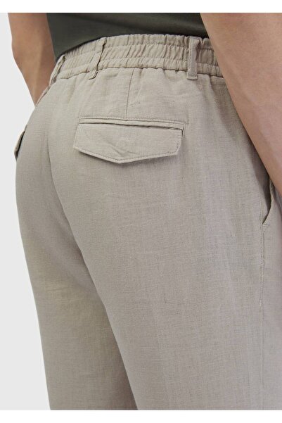 Ramsey Beige Plain Woven Jogging Fit Casual 100% Linen Trousers