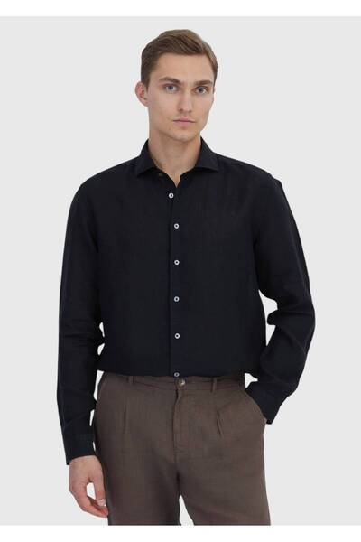 Ramsey Black Plain Casual Fit Woven Casual 100% Linen Shirt