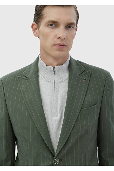 Ramsey Light Green Striped Zeroweight Slim Fit Cotton Blended Jacket