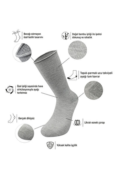 Bolero Erkek Roll Top Lastiksiz Bambu Çorap Gri Dikişsiz