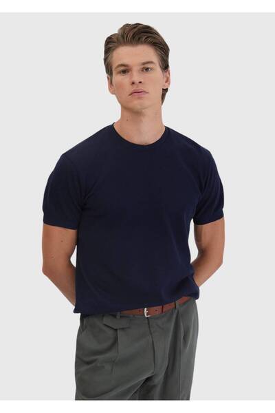 Ramsey Темно-синя футболка з жакардовим вирізом з 100% бавовни