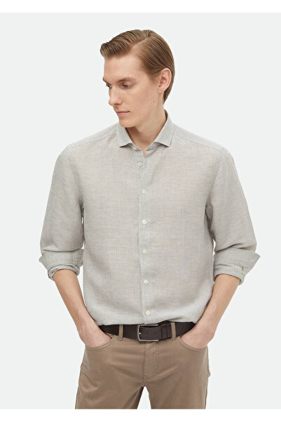 Ramsey Ανθρακί ριγέ λινό πουκάμισο με κανονική εφαρμογή