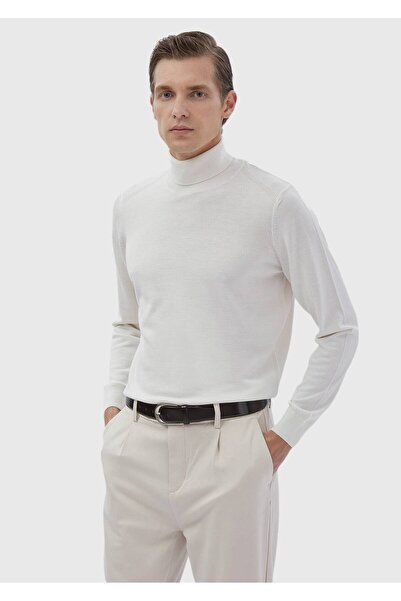 Ramsey Ecru Full Turtleneck Plain Knit Wool Blended Sweater Sweater