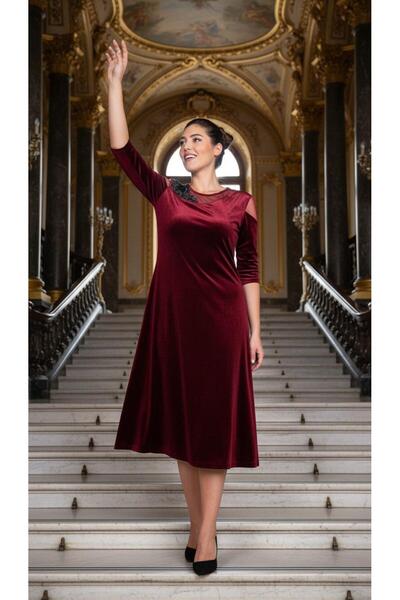 Nidya Moda Büyük Beden Tül Motifli Bordo Kadife Abiye Elbise 4123b
