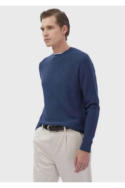 Ramsey Dark Indigo Crew Neck Jacquard Wool Blend Sweater