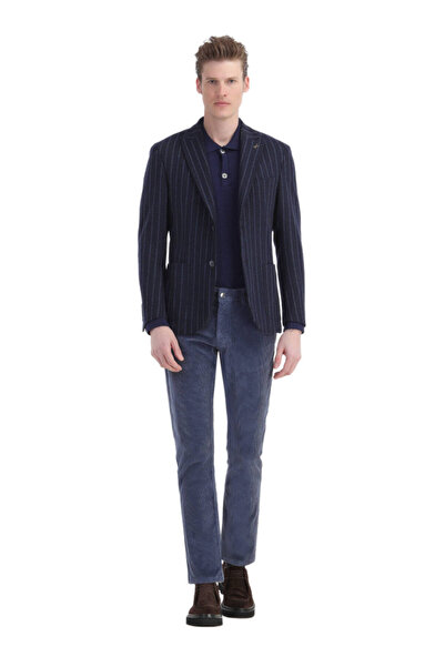 Ramsey Navy Blue Striped Slim Fit Knitted Jacket - Wool Blended
