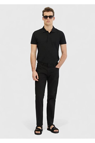 Ramsey Black Plain Weave Regular Fit Casual Cotton Blend Trousers
