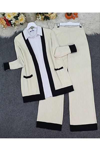 Modamorfo Double Pocket Corded Fabric Knitwear Set - Cream