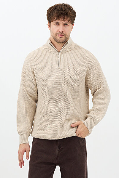 COOL TARZ Mink Men's Oversize Zippered Fisherman Knitwear Sweater