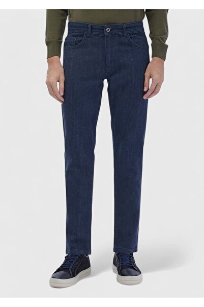 Ramsey Blue Straight Slim Fit Denim Cotton Blended Trousers