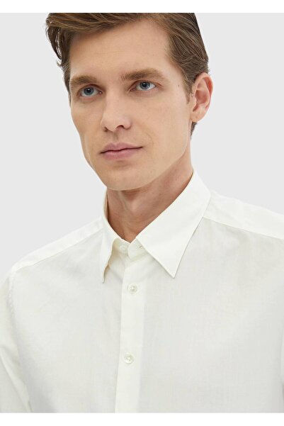 Ramsey Ecru Plain Casual Fit Υφαντό Casual Βαμβακερό Μικτό Πουκάμισο