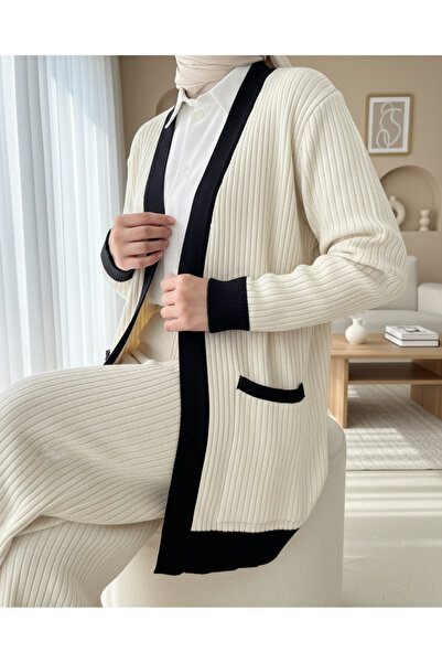 Modamorfo Double Pocket Corded Fabric Knitwear Set - Cream