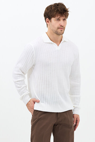 COOL TARZ Men's White Polo Neck Ribbed Knitwear Sweater