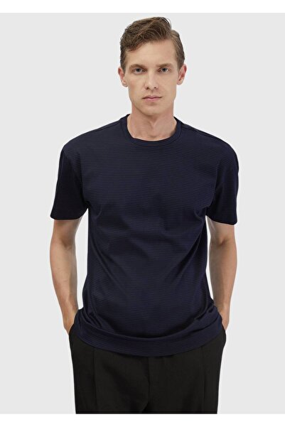 Ramsey Tricou 100% bumbac cu decolteu cu dungi bleumarin