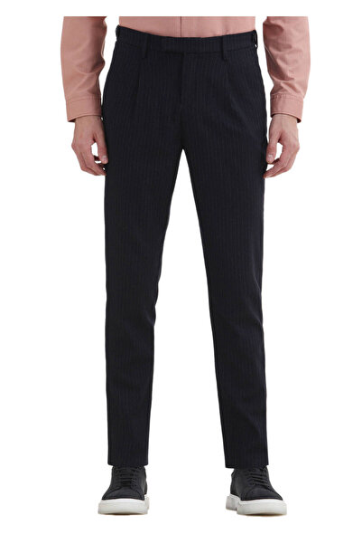 Ramsey Navy Blue Striped Casual Woven Trousers - Regular Fit