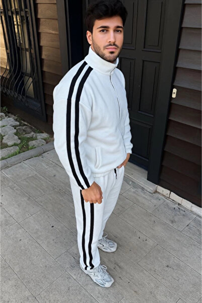 MODA Men's Double Stripe Tracksuit Set Mock Neck Zippered Sweatshirt with Cuffed Legs, Oversized 3 Thread Cotton