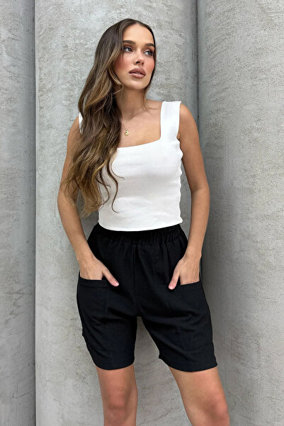 Lesa Wear Yüksel Bel Keten Görünümlü Cepli Şort