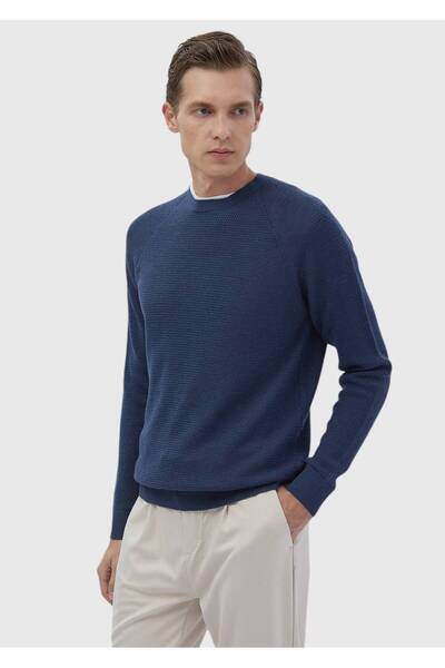 Ramsey Dark Indigo Crew Neck Jacquard Wool Blend Sweater