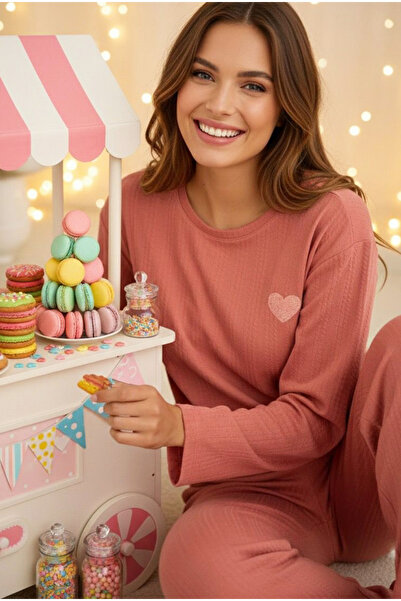 Siyah İnci Tile Heart Embroidered Ribbed Soft Touch Knitted Pajama Set