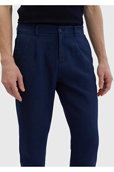 Ramsey Navy Blue Plain Woven Jogging Fit Casual 100% Linen Trousers