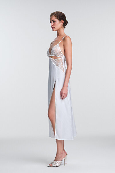 Penti Off White Scarlett Ruched V Neck Long Nightgown Without Underwire