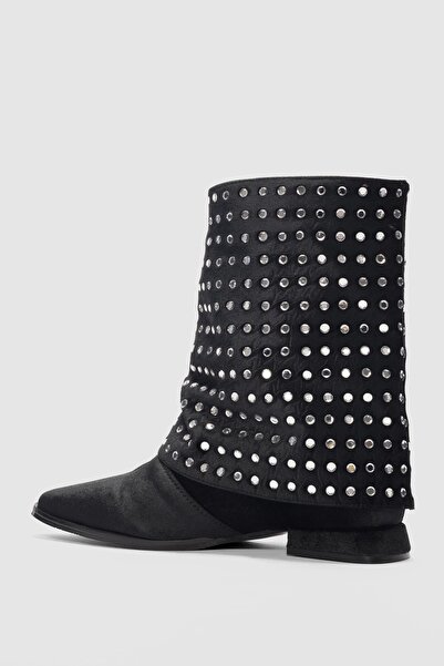 selin shoes Γυναικείες μπότες με χαμηλό τακούνι Vionne με λεπτομέρεια από ασημί πέτρα σε βελούδινο ύφασμα- ΑΣΗΜΕΝΙΟ